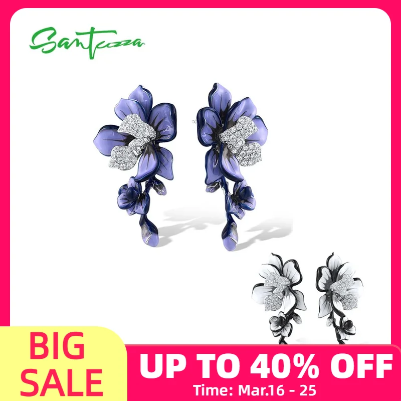 

SANTUZZA Real 925 Sterling Silver Stud Earrings For Women Sparkling Purple & White Enamel Flower Trendy Wedding Fine Jewelry