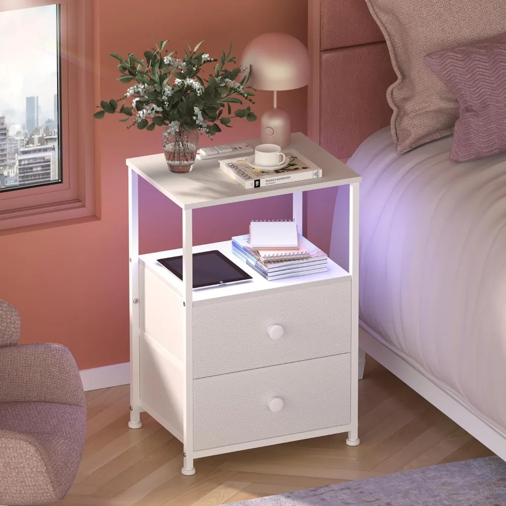 

End Tables with Charging Station LED light Nightstand Bedroom Bed Side Dresser with Fabric Drawers Open Storage Shelf