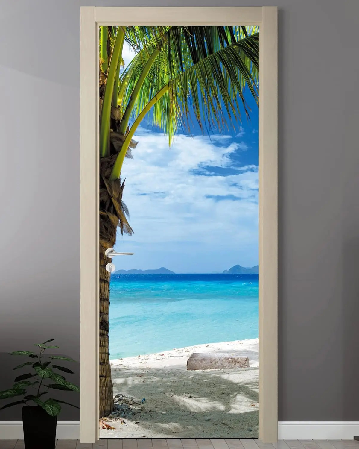 FLFK Door Decal Sticker - Beach and Palm Tree,Peel and Stick Mural,Combined Size 36