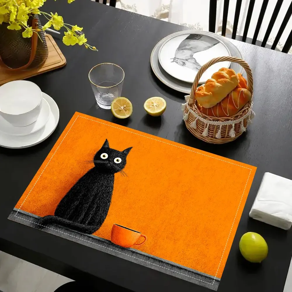 Modern Black Cat and Orange Cup Placemats, Stylish Printed Pattern Table Mats, Suitable for Dining Tables