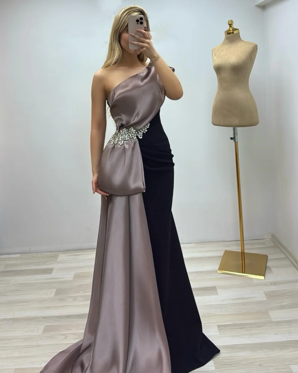 

Customized Pastrol Jersey Pleat Sequined Mermaid One-shoulder Long Dresses Bespoke Occasion Evening Chinese Style