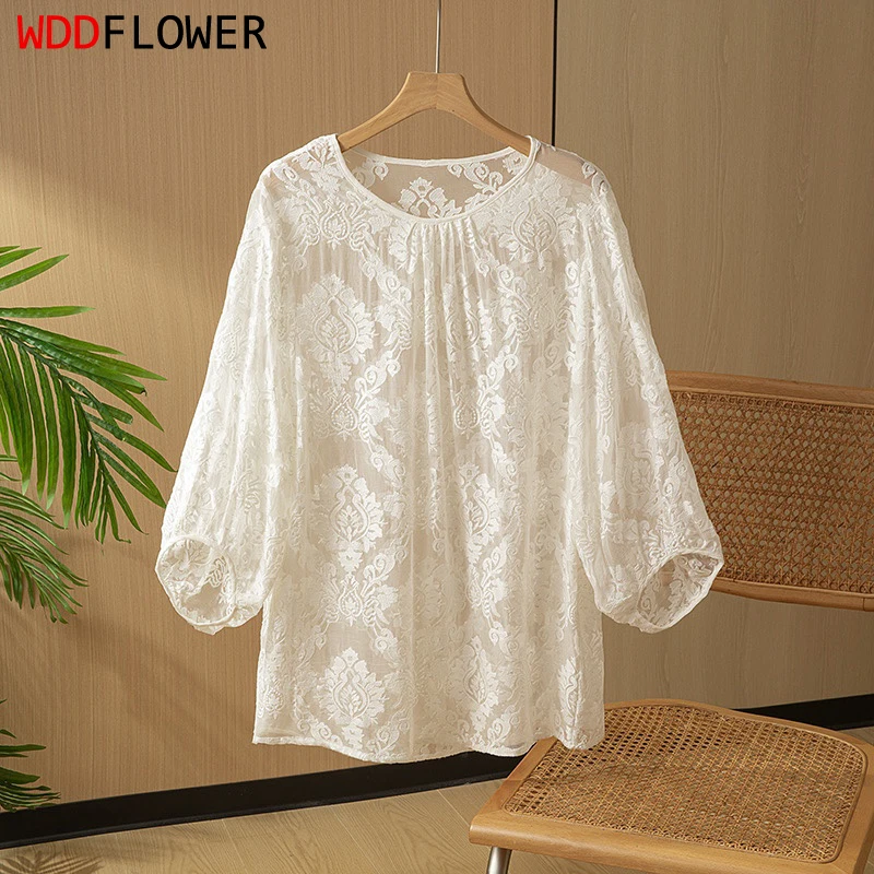 

Women Silk Blouse 100% Mulberry Silk Embroidery Thin Type Transparent White Floral O Neck Long Sleeve Shirt Top Pullover QQ003