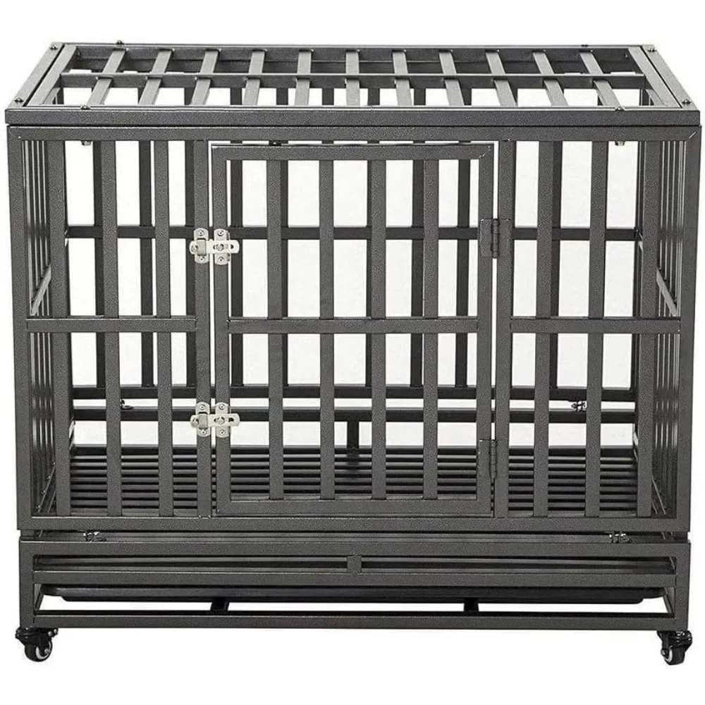 

38 Inch Heavy Dog Cage Large Metal Dog Kennel and Flat Noodles, Easy To Assemble Four Wheel Pet Game Fence, Black