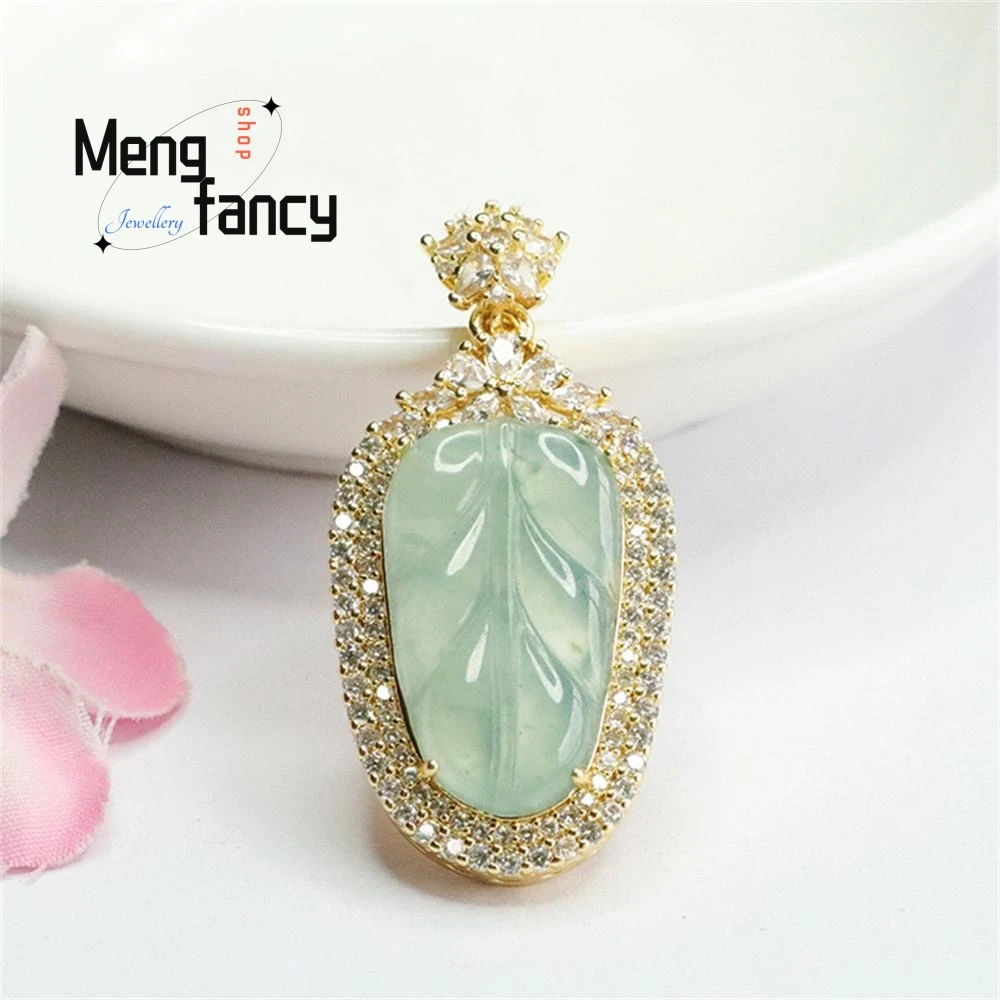 Natural A-goods Jadeite Blue Water Ice Leaf Pendant Exquisite Elegant Simple High-grade Luxury Quality Fine Jewelry Holiday Gift