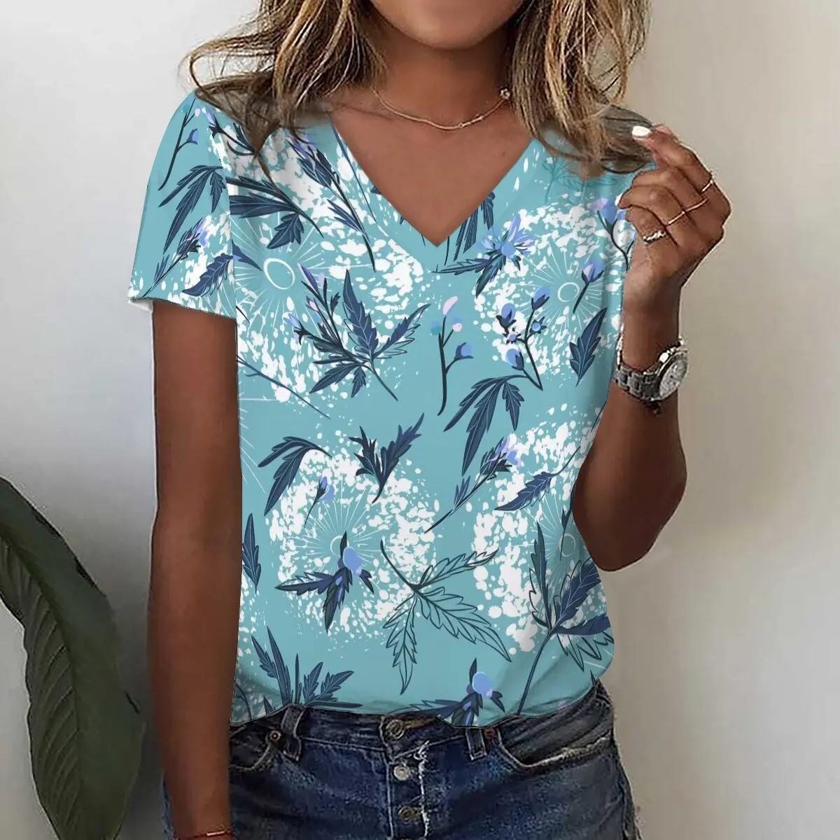 Floral Tropical Leaves 3D Print T Shirt Summer Women V-Neck Tees Y2k Tops Streetwear Harajuku Oversized T-Shirts Woman Clothing