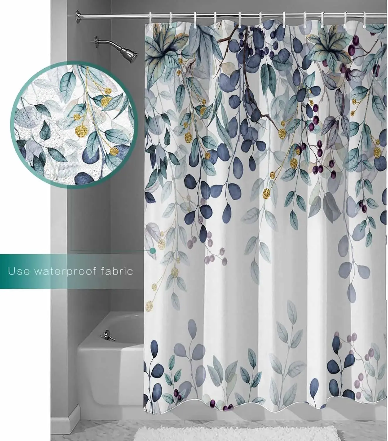 

Синяя эвкалиптовая занавеска для душа, водонепроницаемая акварельная занавеска для душа с листьями растений и цветочным рисунком для ванной комнаты, ванны, душа, сине-зеленая