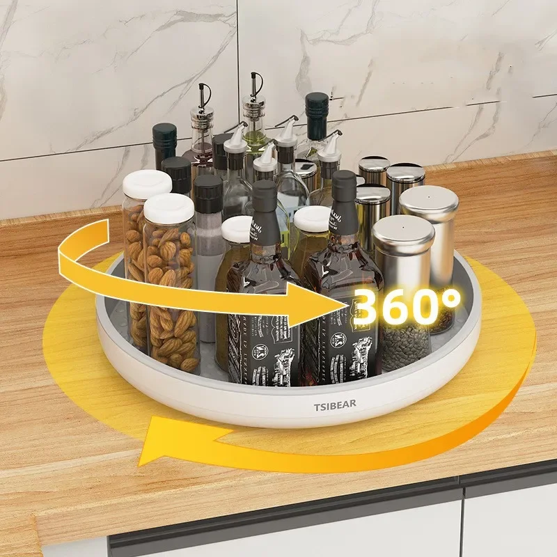 360 Rotation Spice Rack Turntable Cupboard Pantry Cabinet Organizer Non-Slip Condiment Holder Shelf Kitchen Storage Rack Tray