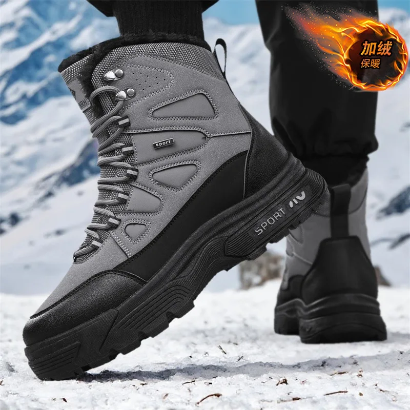 Zimowe męskie buty 2025 Nowe wysokie buty ocieplane bawełną, pluszowe, ciepłe śniegowce, antypoślizgowe buty trekkingowe dla mężczyzn, zimowe wysokie sneakersy