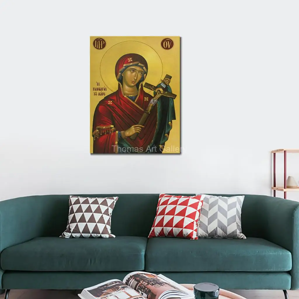 Virgin Mary Theotokos Icon Canvas Print Byzantine Greek Orthodox Art Large Christian Wall Decor for Baptism Gifts Home Altar