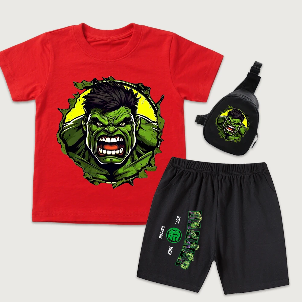 

Детский комплект из хлопковой футболки и шорт с принтом Hulk Roar и мини-сумкой на грудь, комплект из 3 предметов, повседневная летняя одежда для мальчиков и девочек