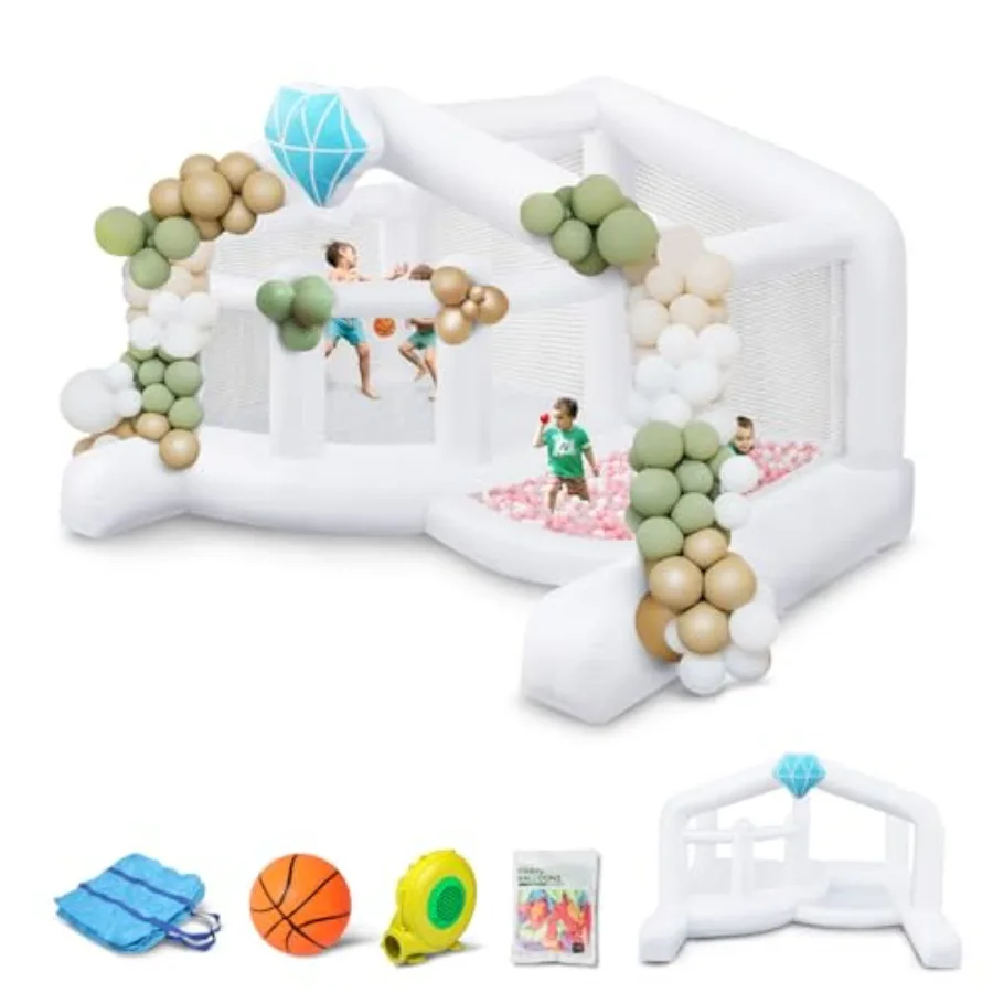 

Giant Bounce House (13x10x8FT) w/Balloons for Outdoor Party, White Bounce House with Ball Pit for Kids, Including Blower, Portab