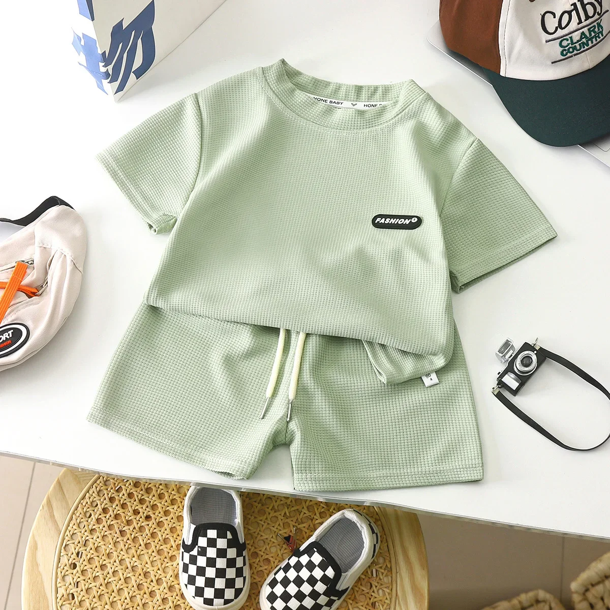 Rindu Waffle thin girls summer children\'s clothing set, Korean version loose casual children\'s clothing baby short sleeved trend