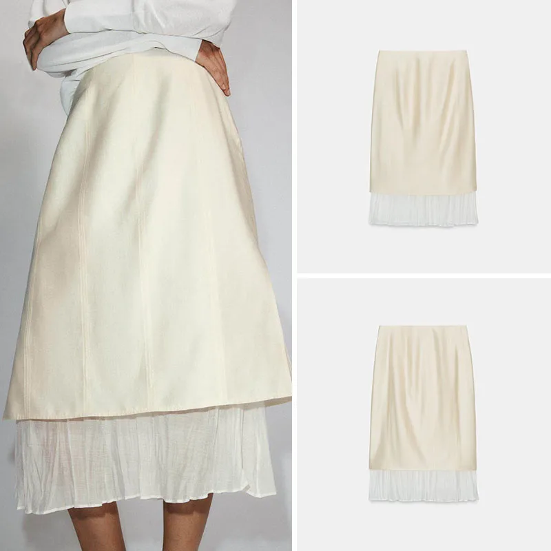 

Elegant Silk Satin Midi Skirt Spring New Arrival Women's Fashion Pure Color Patchwork High Quality Ethnic Stage Costume