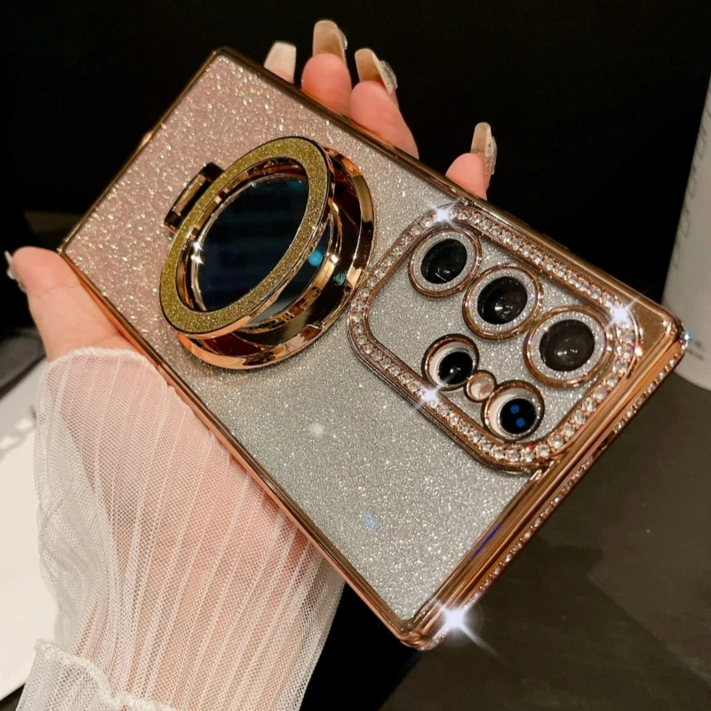 For Samsung Galaxy S25 S26 Ultra Luxury Glitter Mirror Holder Plating Diamond Frame Phone Case For Samsung S22 23 S24 Plus Cover