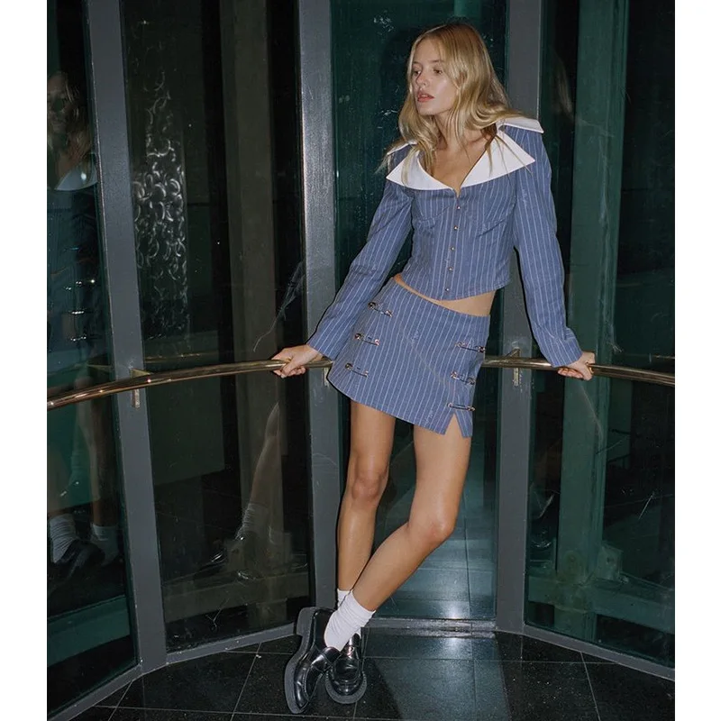 

2022 Spring and Summer New Sexy Hot Girl Stripes Two Piece Skirt and Blouse Mini Short Sets for Women 2022