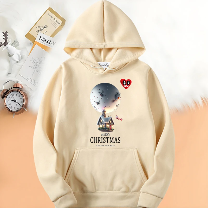 

Merry Christmas Balloon House Printing Women Hoodie Polyester Red Eyes Beard Heart Embroidery Pullover Pockets Loose Lady Hoody