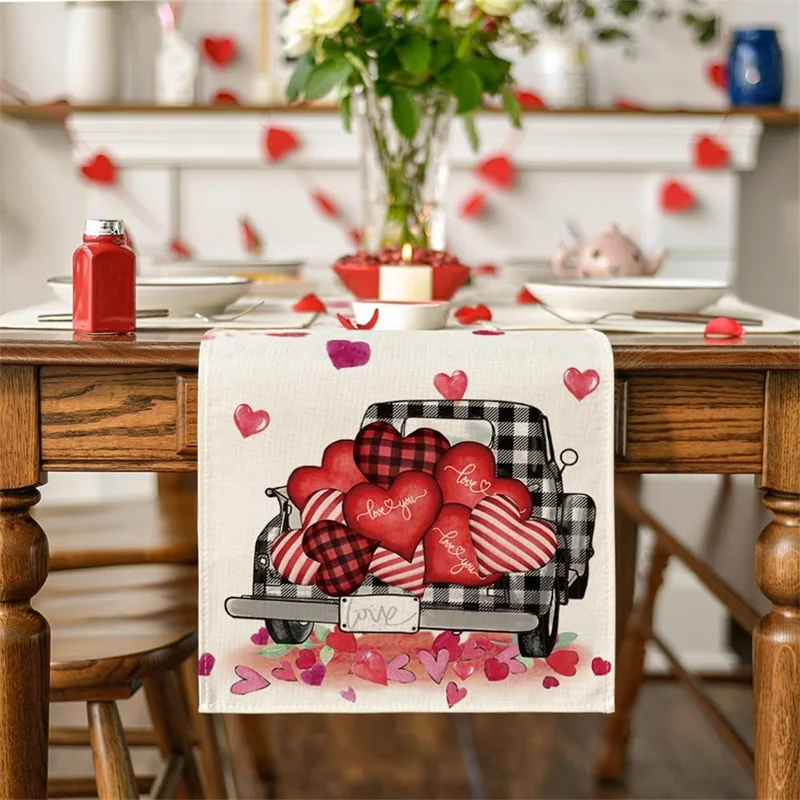 Valentines Day Table Runner, Heart Print Tablecloth Table Cover Holiday Party Dining Table Decor