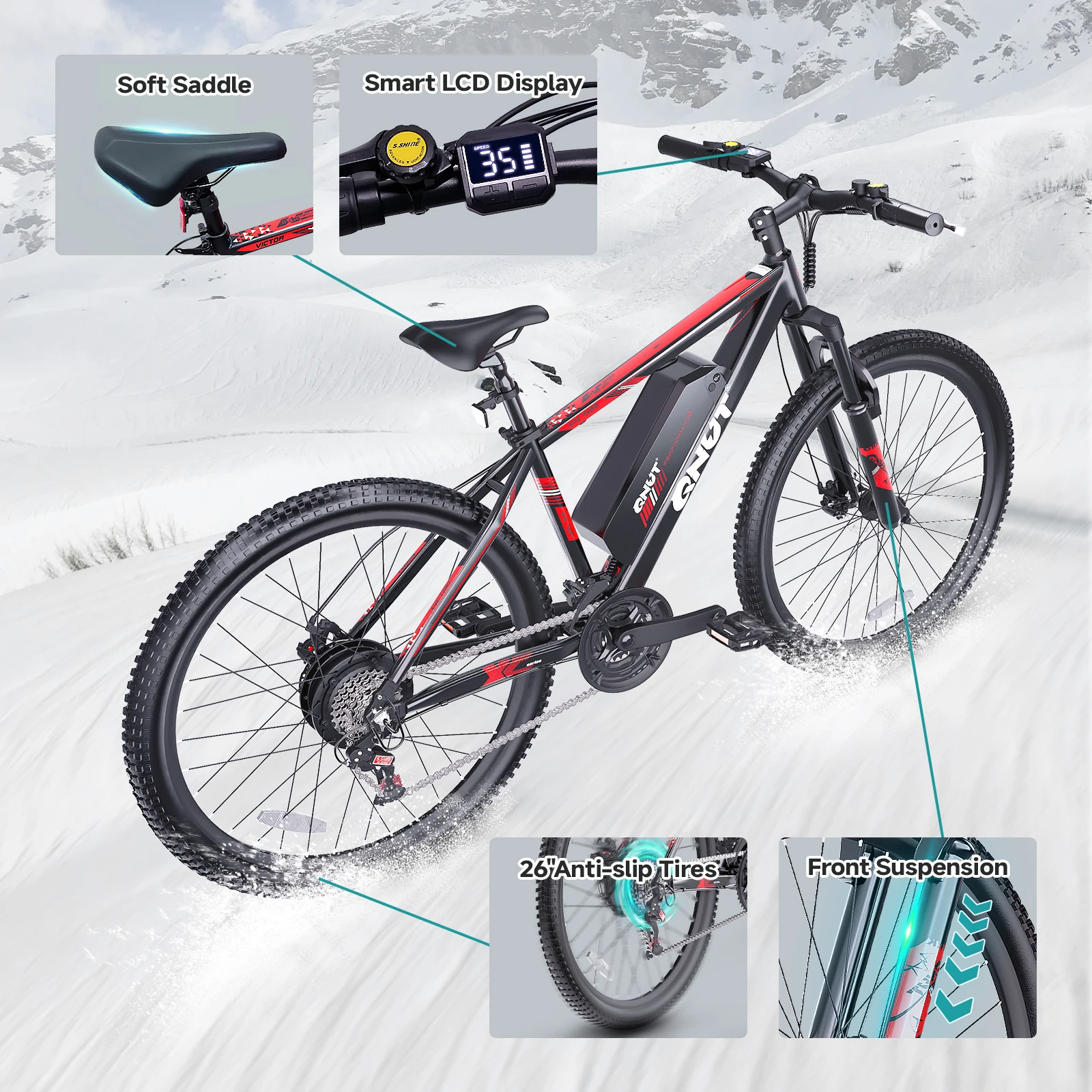 QNUT Victor3.0 Mountain elektrische fiets 1000W 36V 10.4AH 26 "band All-Terrain e-bike met voorvorkvering en dubbele schijf