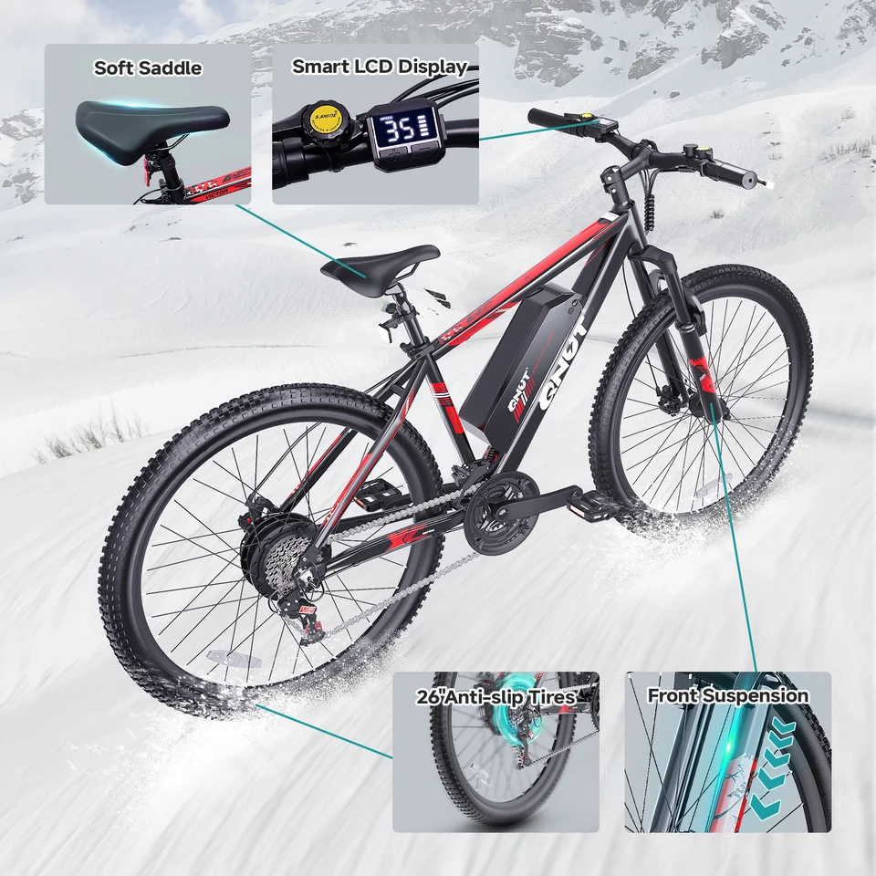 QNUT Victor3.0 Adult Electric Mountain Bike 1000W Peak Motor 36V 10.4Ah Removable Battery 26 Inch All‑Terrain EBike 21‑Speed Front Suspension Dual Disc Brake 20MPH US Warehouse Fast Shipping image 9