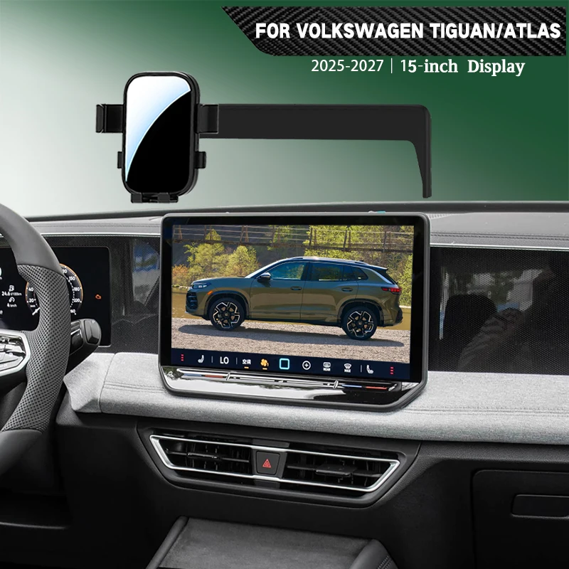 Car phone mount for LHD Volkswagen Tiguan/Atlas Cross Sport (2025–2027 models), compatible with 12.9/15-inch center displays