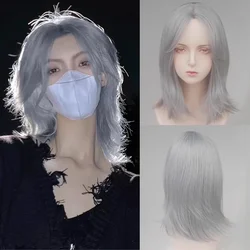 Mullet Head Wig Synthetic Grey Blue Short Straight Anime Cosplay Wig Middle Part Fluffy Women and Men Wig for Lolita Daily Party