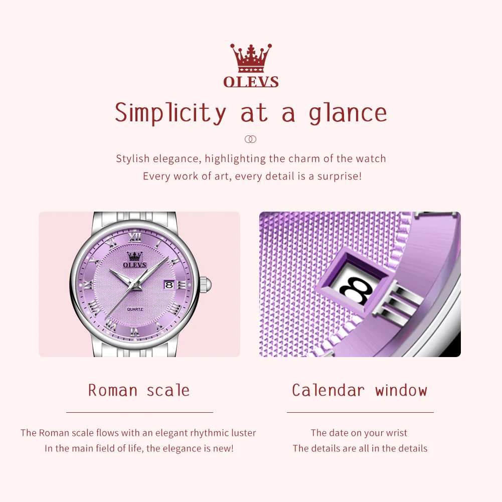 ساعة OLEVS الفاخرة الأنيقة للنساء بمقياس روماني وساعات كاجوال وتاريخ تلقائي مقاومة للماء من الفولاذ المقاوم للصدأ