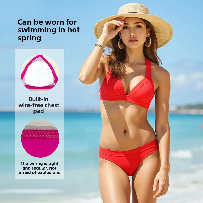 

Hot - Selling Pure - Color Split Bikini for Women, with Chest Pads and No Underwire, Ideal for Swimming and Wading Sports