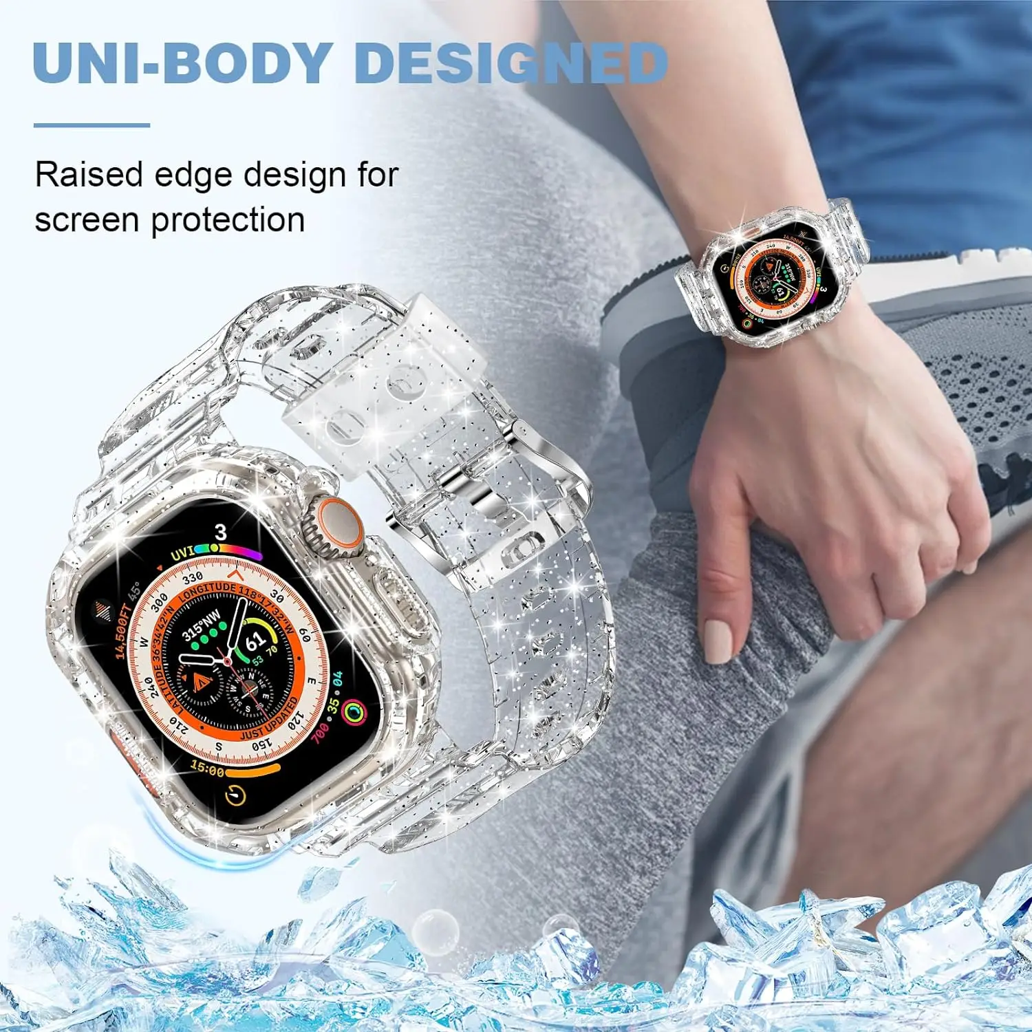 Compatible for Crystal Clear Apple Watch Bands, 45mm 44mm 42mm 41mm 40mm 38mm Bumper Case for Men Women Jelly Sport Case Band fo