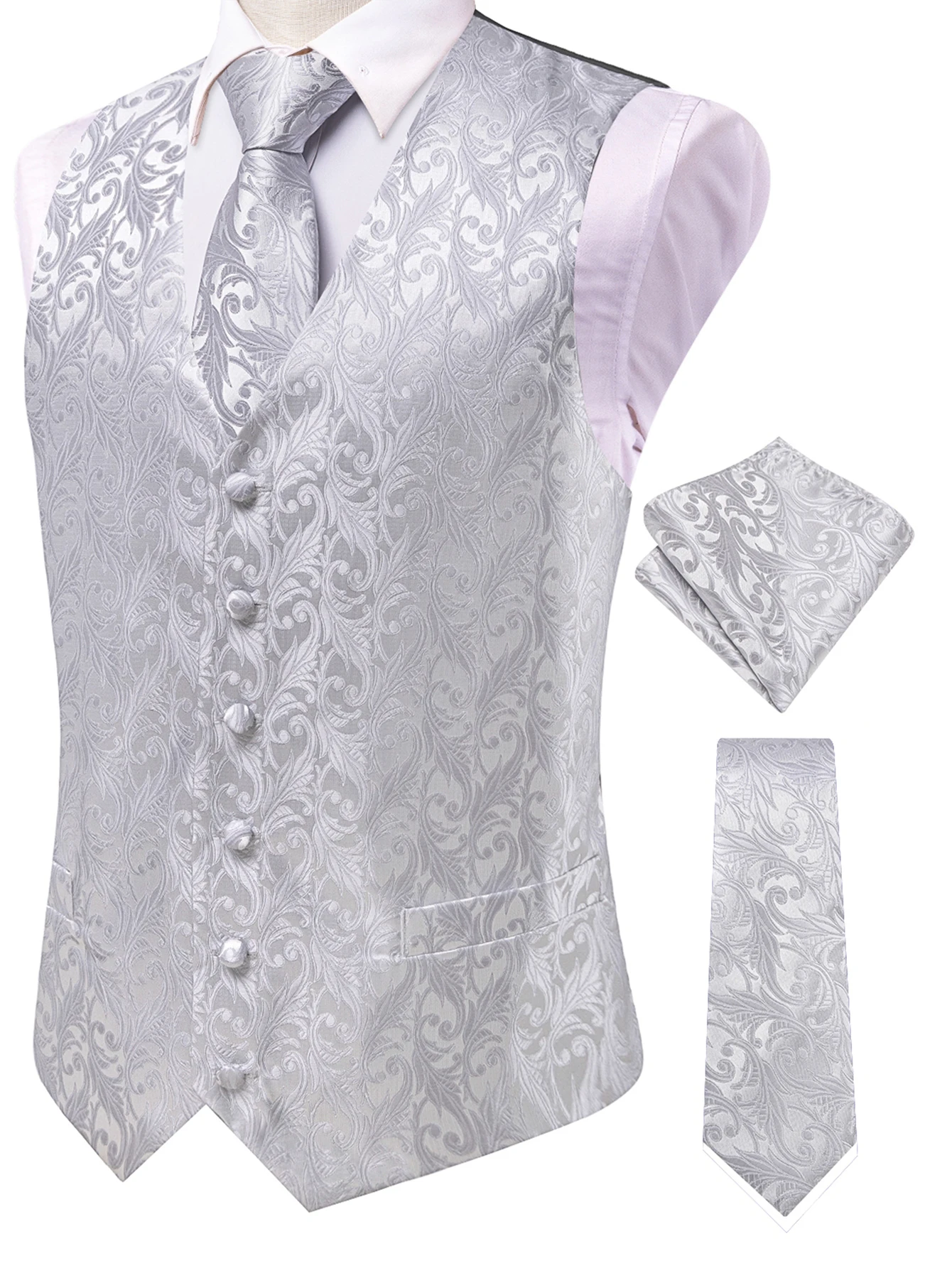 Vest Tie Pocket Square Silver Jacquard Set Men Formal Accessory For Wedding Business Party Daily Office Matching Outfit