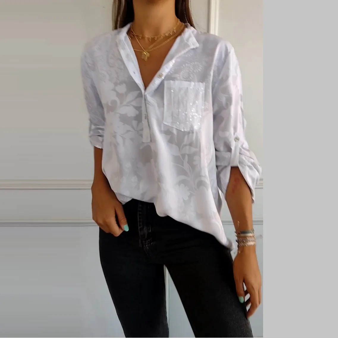 

Elegant Floral Print Shirt V-neck Single Breasted Stacked Sleeves Sequined Shirt Spring Summer Fashion Loose Pullover Top Women