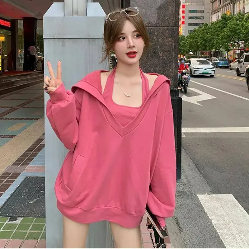 

Spring Casual Sports Hoodies Women Autumn Korean Y2k Hooded Big V-neck Loose Sweatshirt Large Size Vest With Sling Two Piece Set
