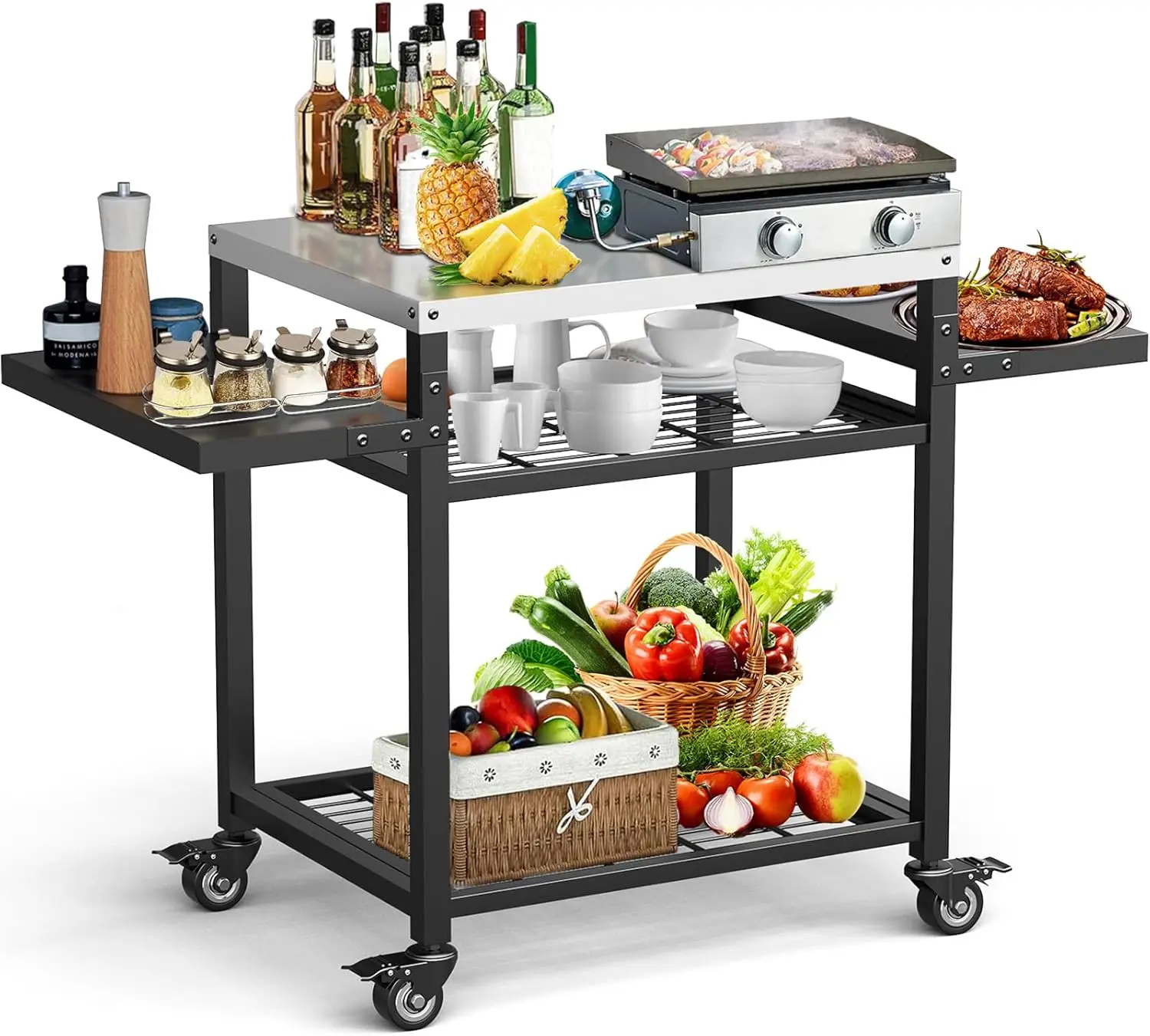 Mesa de grelha ao ar livre em aço inoxidável, Mesa móvel para pizza, Grill Cart, Ilha de cozinha ao ar livre, 3 prateleiras