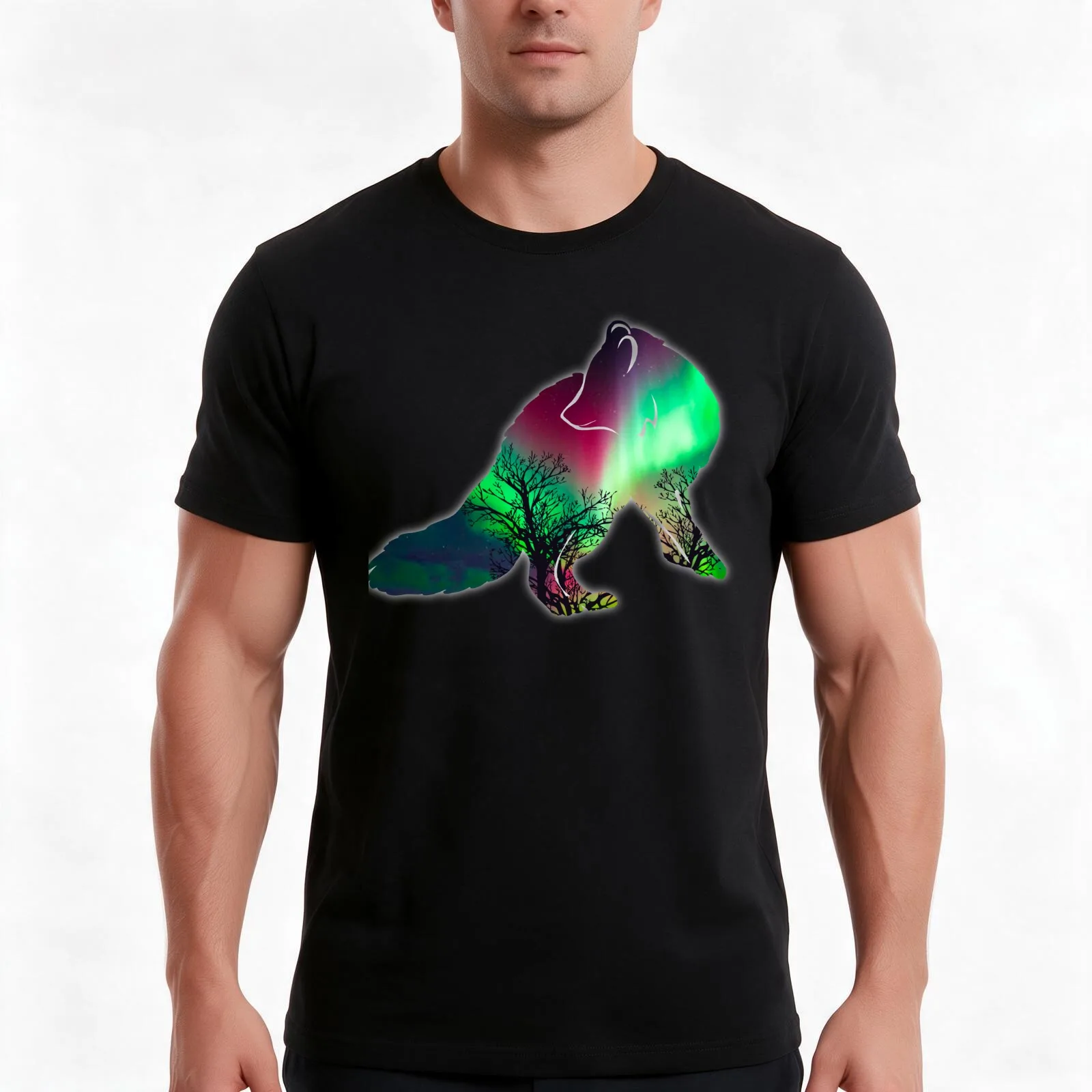 Alaskan Arctic Fox Northern Light Scene filled Silhouette T-Shirt, Summer Casual Cotton Tee, Oversized Streetwear Tops