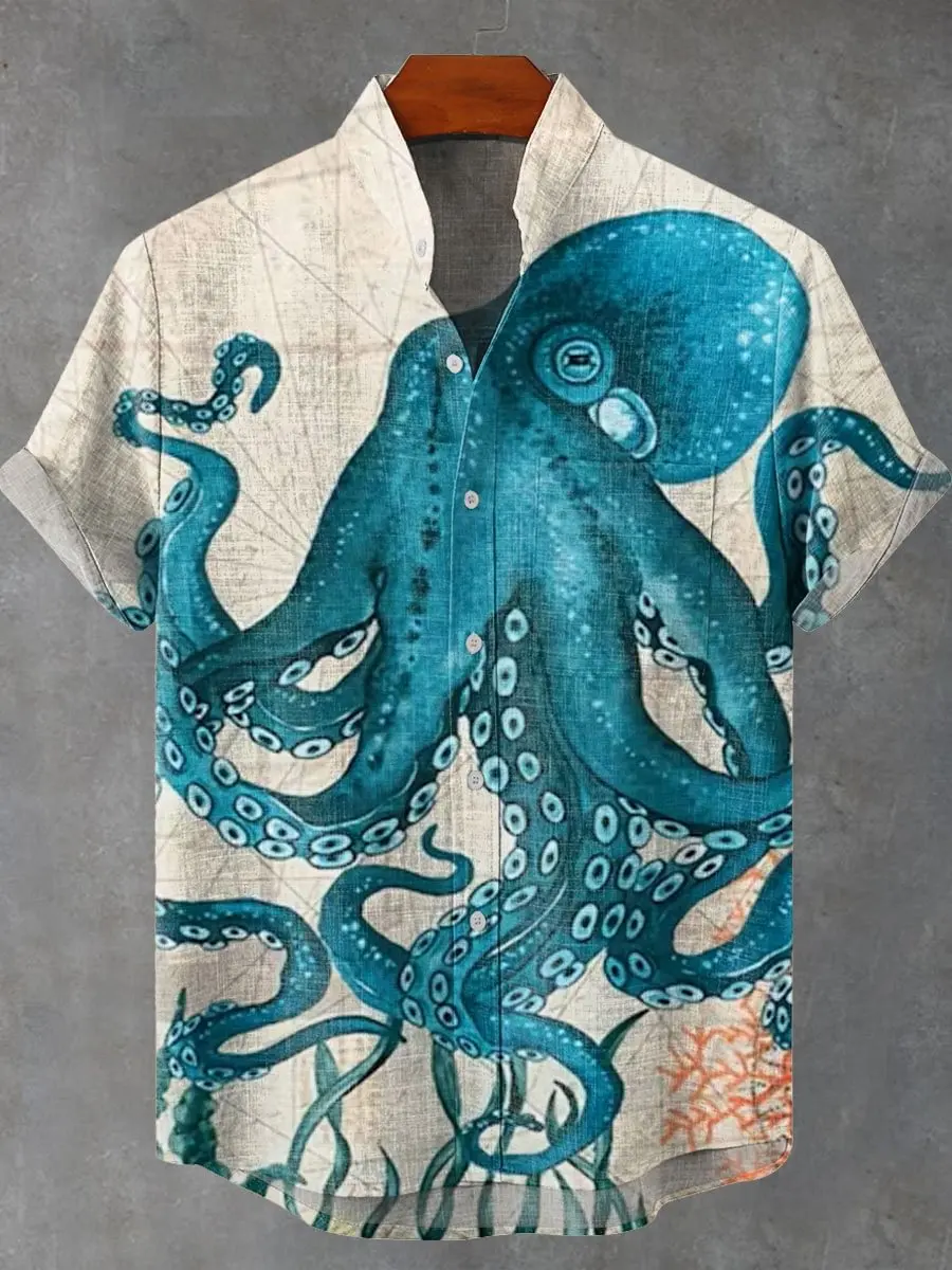 Men's hot selling summer casual fashion giant octopus pattern printed linen short sleeved shirt men's trendy button top