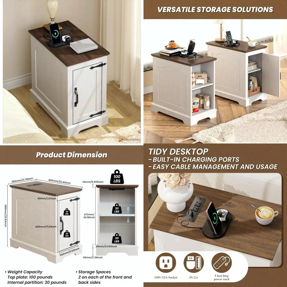 

Slim Side Table with Built-in Charging Station, 13.8 Wide Storage Table for Sofa or Couch, Bedside Outlets and USB Ports, Farmho