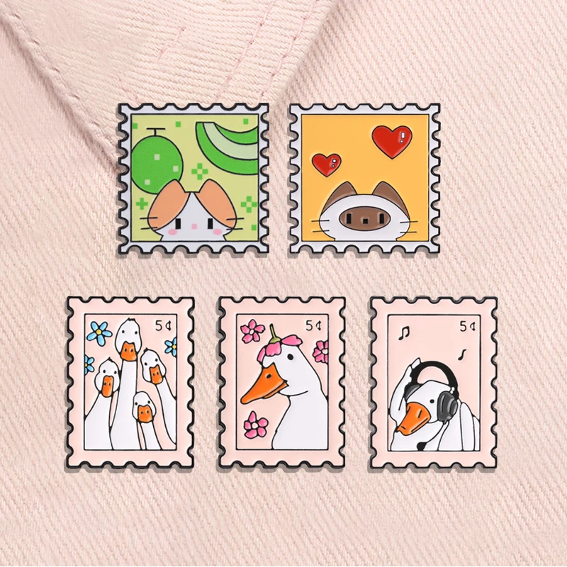 Retro Stamp Silly Goose Enamel Pins Cute Floral Headphone Music Duck Red Heart Summer Fruit Cat Animal Brooches Badge Jewelry Gi