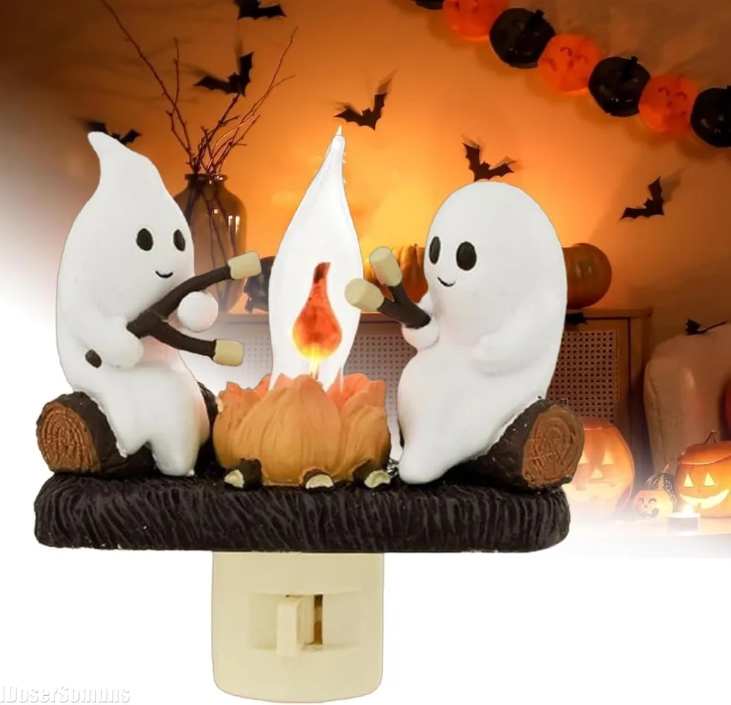 2024 New Modern Simplicity Small Resin Ghost Campfire Flickering Nightlight Chost Creative Design Lamp Halloween Home Decoration