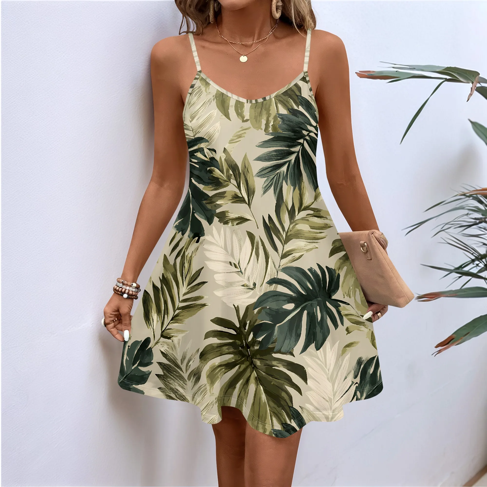 Tropical Leaf Print Spaghetti Strap Dress, Floral Pattern Mini Dress, Summer Beach Vacation Outfit, XS-2XL