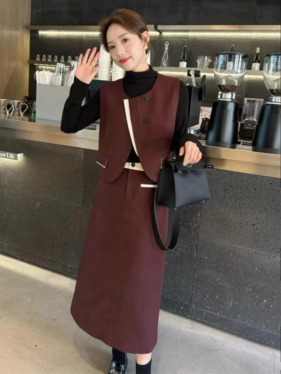 UNXX 2024 Autumn New Korean Fashion Contrast Color Spliced Suit Vest with Base Top and Skirt Elegant Set for Women Female Lady