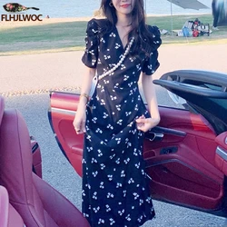 Chic Korean Clothes Design Summer Womens Short Sleeve V Neck Japan Girls Cute Floral Printed Retro Vintage Date Long Dress