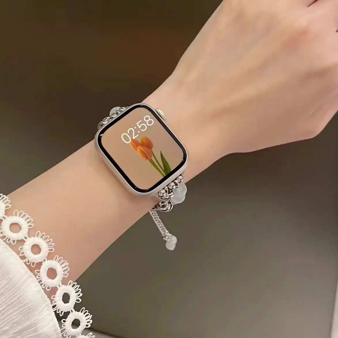 Beads Metal Link Strap For Apple Watch Band For Women 38mm 40mm 41mm 42mm 44mm 45mm 46mm 49mm