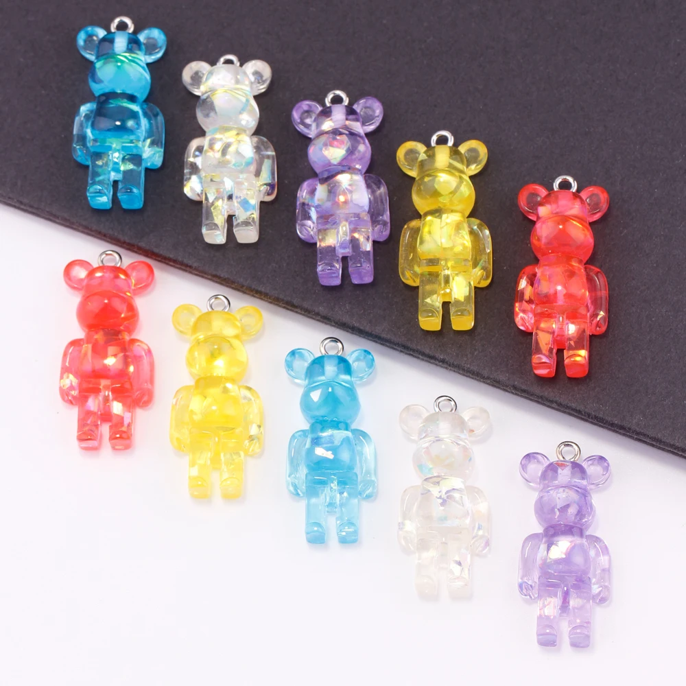 Kawaii Transparent Glitter Violent Bear Animal Resin Plastic Charms for Necklace Keychain Pendant Jewelry Making DIY Supplies