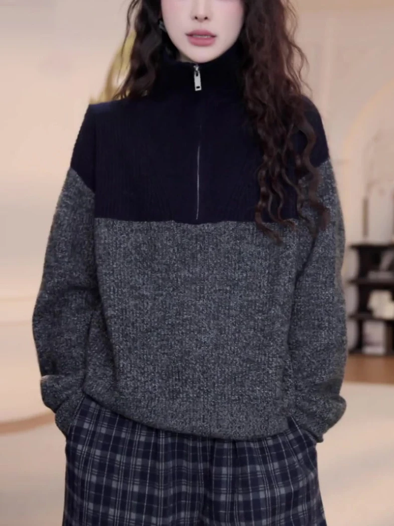 Lazy and high-grade semi-zipper contrast cashmere sweater women's loose sweater in spring, autumn and winter