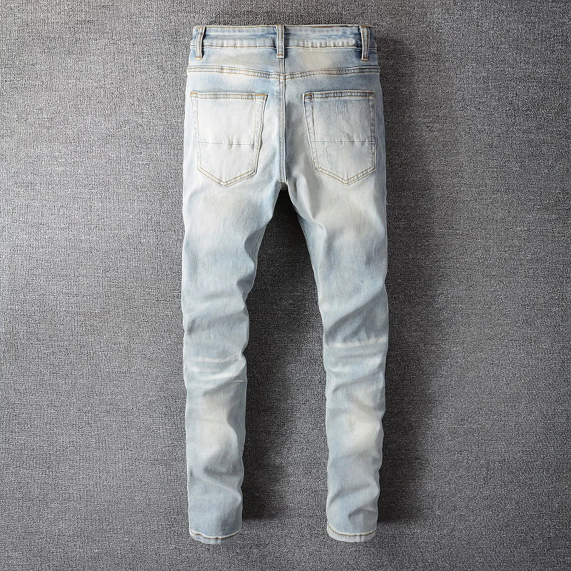 

2025 Men Crystal Holes Ripped Patchwork Jeans Streetwear Light Blue Denim Slim Skinny Pencil Pants Trousers