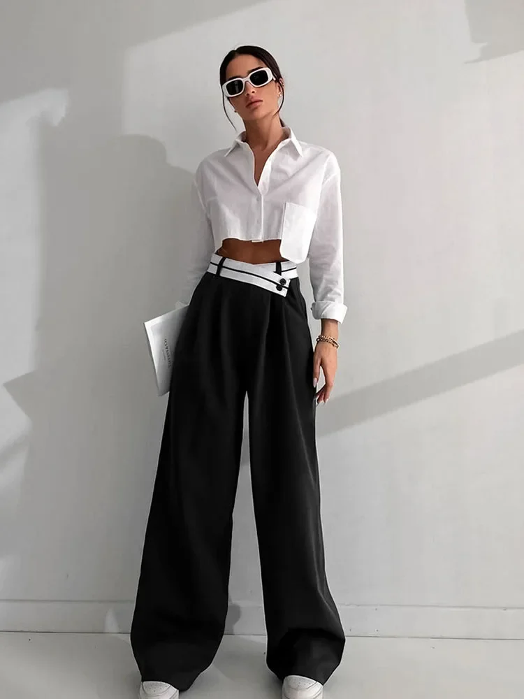 

ZBZA Women's High Waist Suit Pants Y2k High Street Office Leisure Wide Leg Pants with Dropped Pockets and Contrast Color Pants