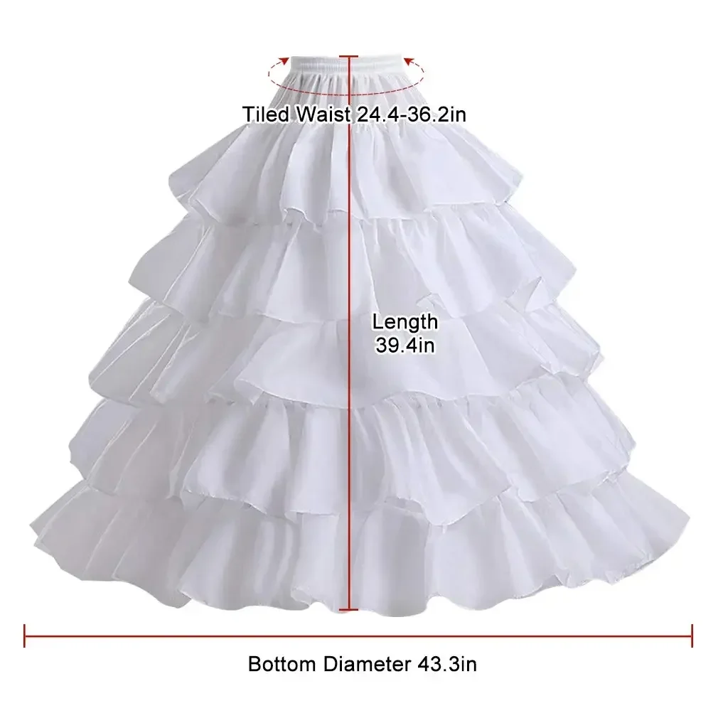 Full Shape Skirt 5 Ruffles Layers Ball Gown Petticoat Underskirt Slip for Wedding Dress Adjustable Waist (White 4 Hoops)