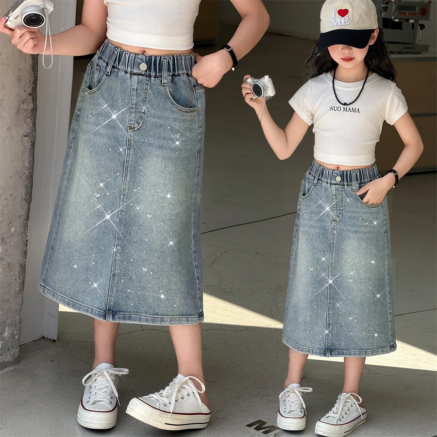 New Fashion Kids Child Long Style Denim Shorts With Rhinestones For Teenger Girls Summer Casual Shorts With Butterfly and Hearts