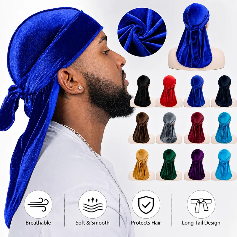 Men Velvet Durag Long Tail Wave Cap Soft Headwrap Breathable Hair Protection Pirate Hat Fashion Headwear
