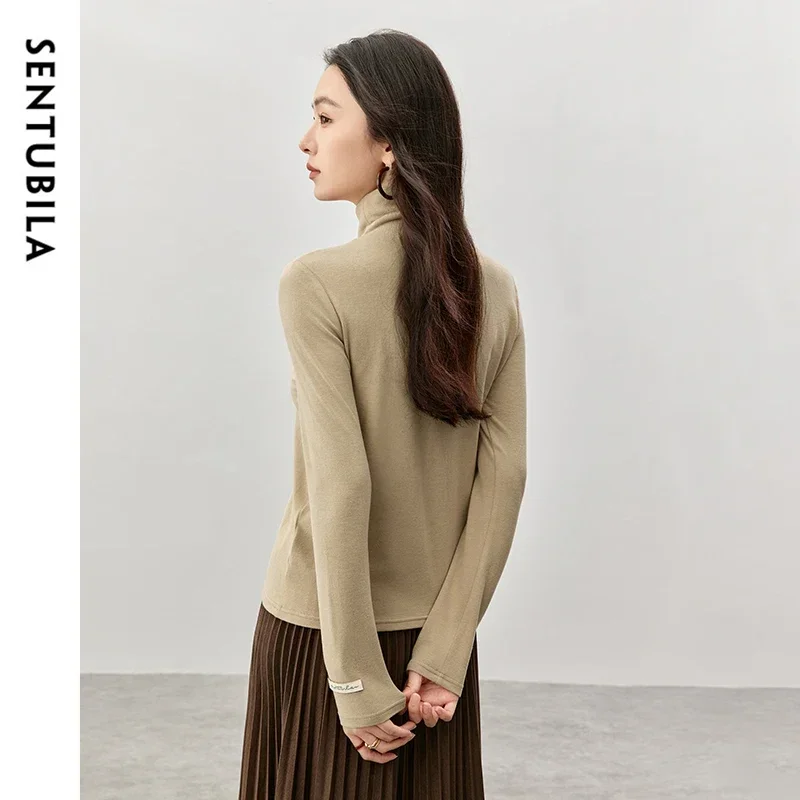 SENTUBILA Slim Fit bawełniane swetry z dzianiny 2024 Winter New Casual High Collar Long Sleeve Comfort Solid Women Tops 144S57342