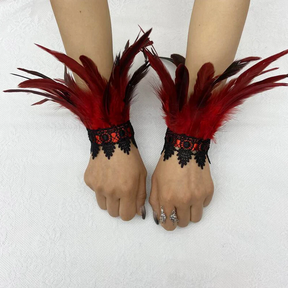 Black Feather Wrist Cuffs Retro Vintage Punk Gothic Feather Cuffs For Women Man Halloween Party Goth Rave Costume Cosplay Prop